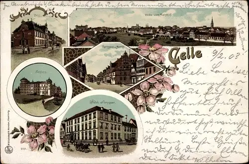 Litho Celle in Niedersachsen, Rathaus, Markt, Hotel Hannover, Schloss, Post