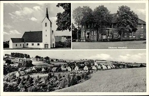 Ak Bonneberg Valdorf Vlotho an der Weser, Bäckerei, Kirche, Totalansicht