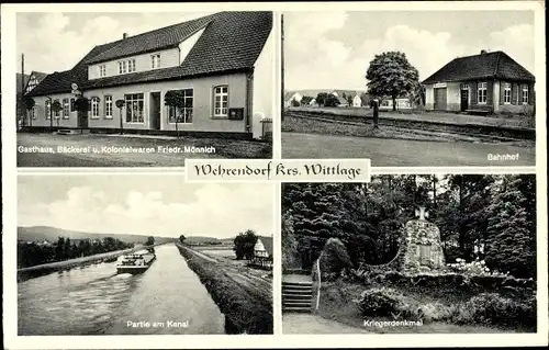 Ak Wehrendorf Bad Essen in Niedersachsen, Gasthaus und Kolonialwarenhandlung, Bahnhof, Kanal