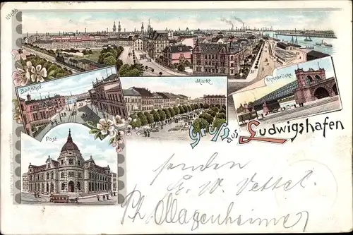 Litho Ludwigshafen am Rhein, Rheinbrücke, Bahnhof, Markt, Post, Totalansicht