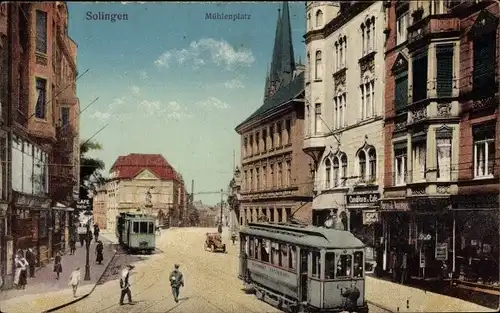 Ak Solingen in Nordrhein Westfalen, Mühlenplatz, Straßenbahn, Konditorei