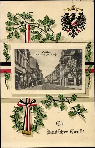 Passepartout Ak Cottbus Brandenburg, Spremberger Straße mit Geschäften, Wappen, Eichenlaub