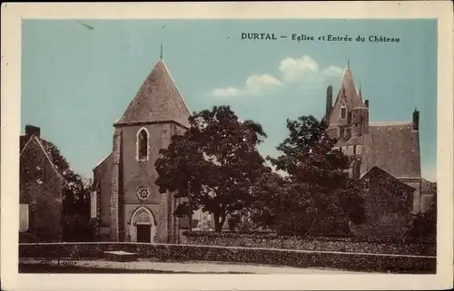 Ak Durtal Maine et Loire, l' Église et l'entrée du Château