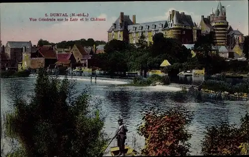 Ak Durtal Maine et Loire, vue générale sur le Loir et le Château