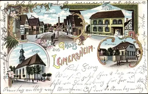 Litho Leimersheim in der Pfalz, Pfarrhaus, Gasthaus zur Sonne, Hauptstraße, Kirche