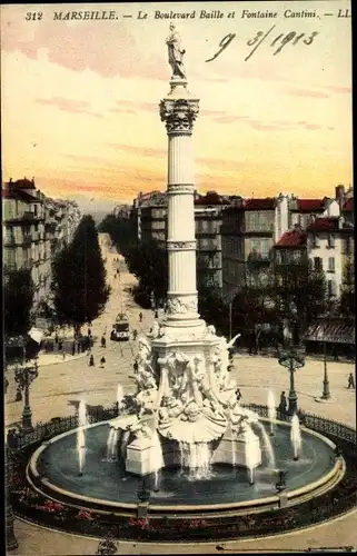 Ak Marseille Bouches du Rhône, Le Boulevard Baille et Fontaine Cantini
