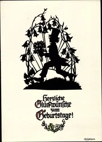 Scherenschnitt Ak Plischke, Georg, Glückwunsch Geburtstag, Mann mit Blumen, Nr. 434