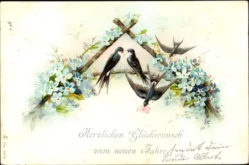 Litho Glückwunsch Neujahr, Schwalben, Vergissmeinnicht