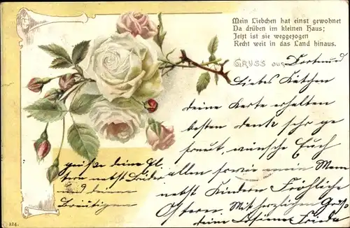 Litho Mein Liebchen hat einst gewohnet, weiße Rosenblüten, Kitsch