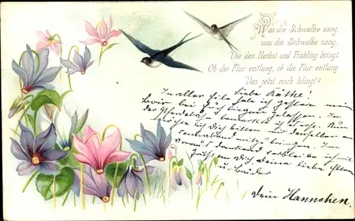 Litho Was die Schwalbe sang, Alpenveilchen, Kitsch