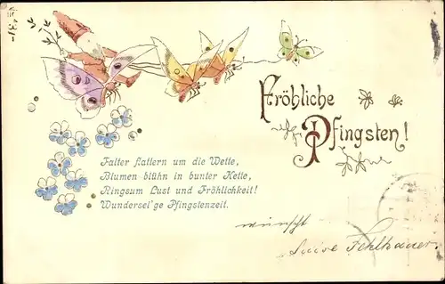 Litho Glückwunsch Pfingsten, Zwerg fliegt mit Schmetterlingen