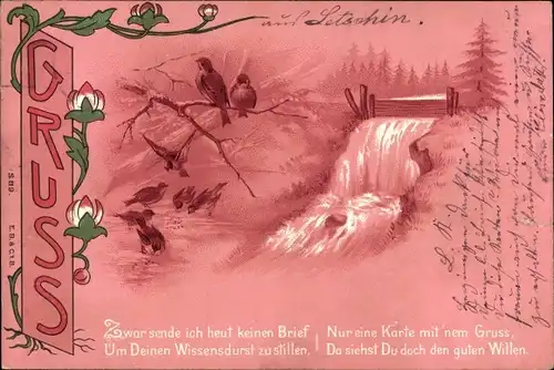 Litho Gruß, Zwar sende ich heut keinen Brief, Vögel, Bachlauf
