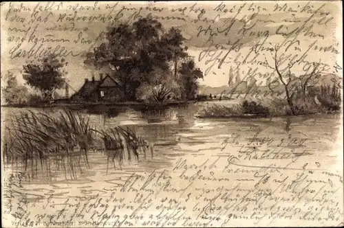 Litho Landschaft mit Gewässer und Haus am Ufer