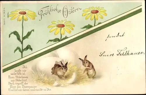 Litho Glückwunsch Ostern, Hase schlüpft aus einem Ei, Blumen