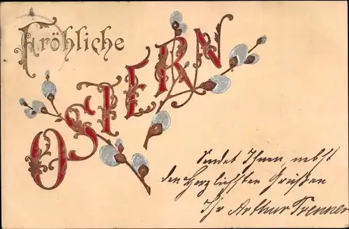 Präge Litho Glückwunsch Ostern, Weidenkätzchenzweige