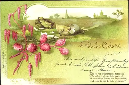 Litho Glückwunsch Ostern, Eierschalen, Küken, Zweige, Landschaft