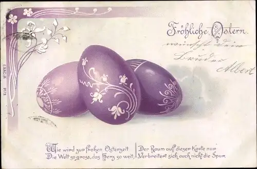 Litho Glückwunsch Ostern, Lila Ostereier, Wie wird zur frohen Osterzeit die Welt so groß