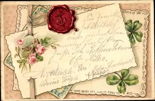 Litho Brief, Siegel mit Anker, Kleeblätter, Rosen, Vögel, Kitsch