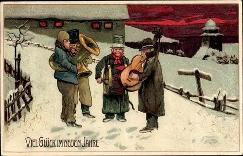 Präge Litho Glückwunsch Neujahr, Musizierende Männer im Schnee