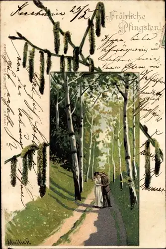 Künstler Litho Mailick, Glückwunsch Pfingsten, Paar in einer Birkenallee