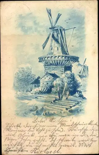 Künstler Ak Landschaft mit Windmühlen, Kitsch