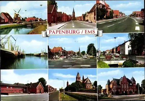 Ak Papenburg im Emsland, Kanalpartie mit Windmühle, Hafen, Kirche, Giebelhaus, Straßenpartie