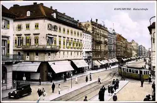 Ak Karlsruhe in Baden, Kaiserstraße, Tram, Geschäfte