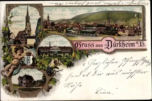 Litho Bad Dürkheim am Pfälzerwald, Kolonnade, Schlosskirche, Panorama vom Ort, Bahnhof