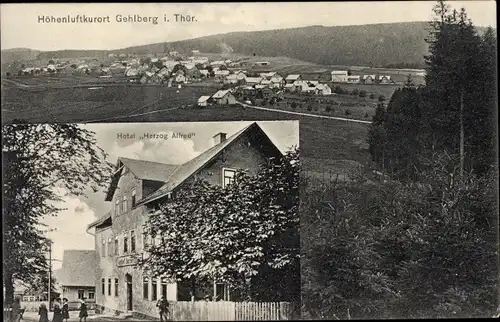 Ak Gehlberg Suhl in Thüringen, Hotel Herzog Alfred, Totalansicht der Ortschaft