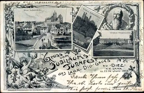 Ak Diez an der Lahn, Jubiläums Turnfest des Lahn Dill Gaues 1902, Schloss Oranienstein, Schaumburg