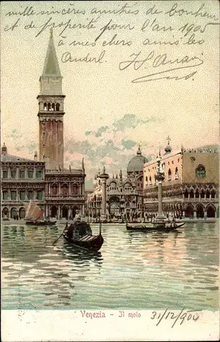 Litho Venezia Venedig Veneto, Il molo, Gondel