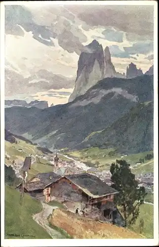 Künstler Ak Compton, E. H, Ortisei Sankt Ulrich in Gröden Südtirol, Ort gegen Langkofel gesehen