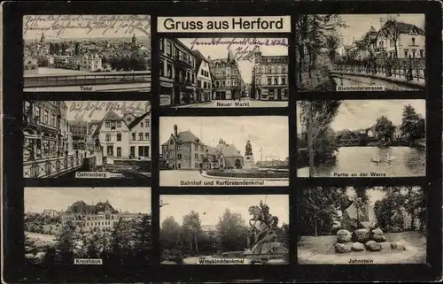 Ak Herford in Westfalen, Bielefelderstraße, Markt, Wittekinddenkmal, Jahnstein, Kreishaus
