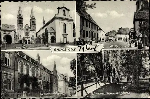 Ak Werl in Westfalen, Basilika, Walburgisstraße, Schwanenteich im Kurgarten, Ursulinenkloster