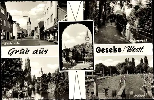 Ak Geseke in Westfalen, Freibad, Rosenteich, Bachstraße, Kirche