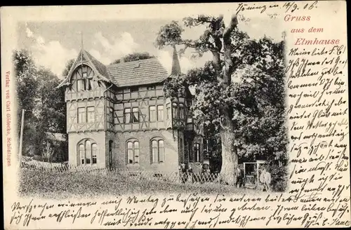 Ak Schöningen in Niedersachsen, Blick auf das Elmhaus, Fachwerk, Wald