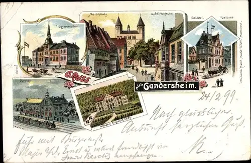 Litho Bad Gandersheim in Niedersachsen, Progymnasium, Bahnhof, Marktplatz, Stiftskirche, Postamt