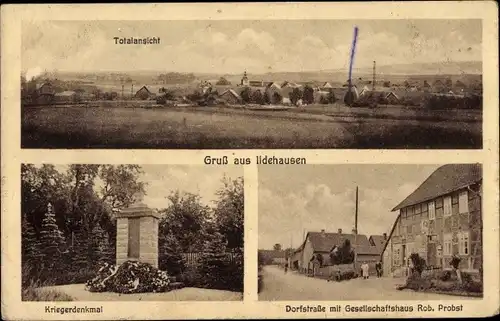 Ak Ildehausen Seesen am Harz, Totale, Kriegerdenkmal, Dorfstraße mit Gesellschaftshaus Rob. Probst