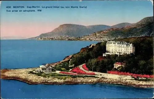 Ak Menton Alpes Maritimes, Cap Martin, le Grand Hôtel, vue prise de l'aéroplane, Vogelschau