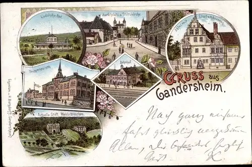 Litho Bad Gandersheim Harz, Ludolphsbad, Progymnasium, Augustastift, Waldschlösschen, Bahnhof, Abtei