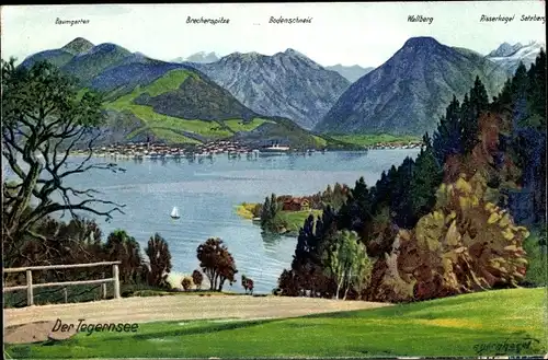 Künstler Ak Tegernsee in Oberbayern, Brecherspitze, Wallberg, Baumgarten