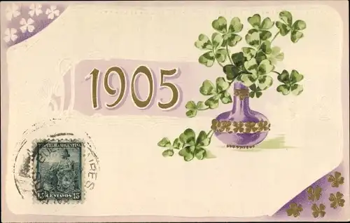 Präge Litho Glückwunsch Neujahr, Jahreszahl 1905, Kleeblätter, Blumenvase