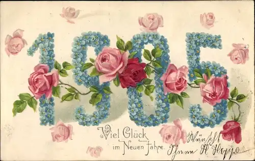 Präge Litho Glückwunsch Neujahr, Jahreszahl 1905, Rosen