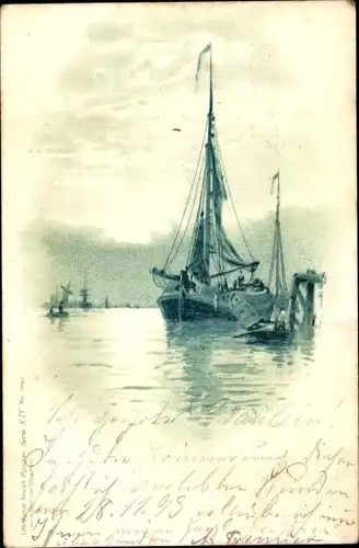 Litho Gewässer mit Segelbooten, Fischerboot