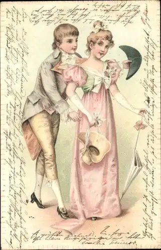 Präge Litho Elegante Dame und Mann, Sonnenschirm, rosa Kleid