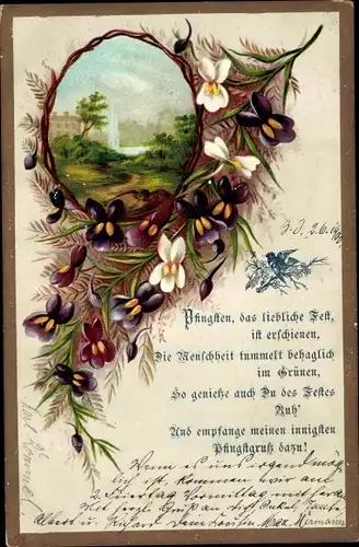 Litho Glückwunsch Pfingsten, Landschaft, Blüten