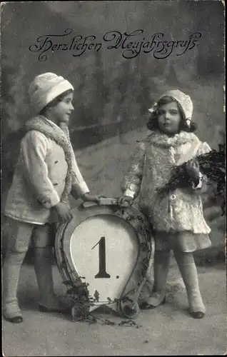Ak Glückwunsch Neujahr, Junge und Mädchen mit Hufeisen