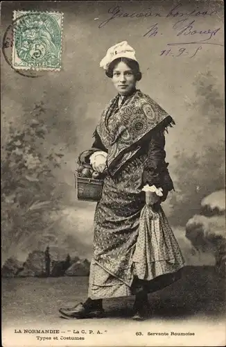 Ak Calvados Frankreich, Normandie, Frau in Tracht, Servante Roumoise