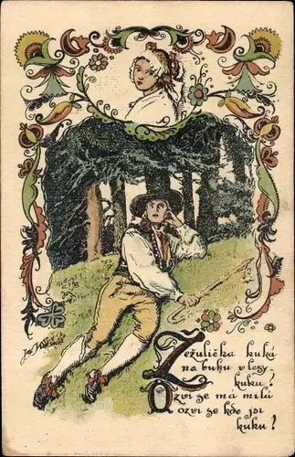 Künstler Ak Mann und Frau in tschechischen Trachten