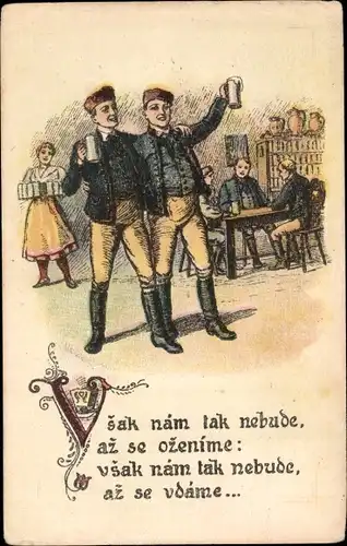 Künstler Ak Männer in tschechischen Trachten, Wirtshausszene